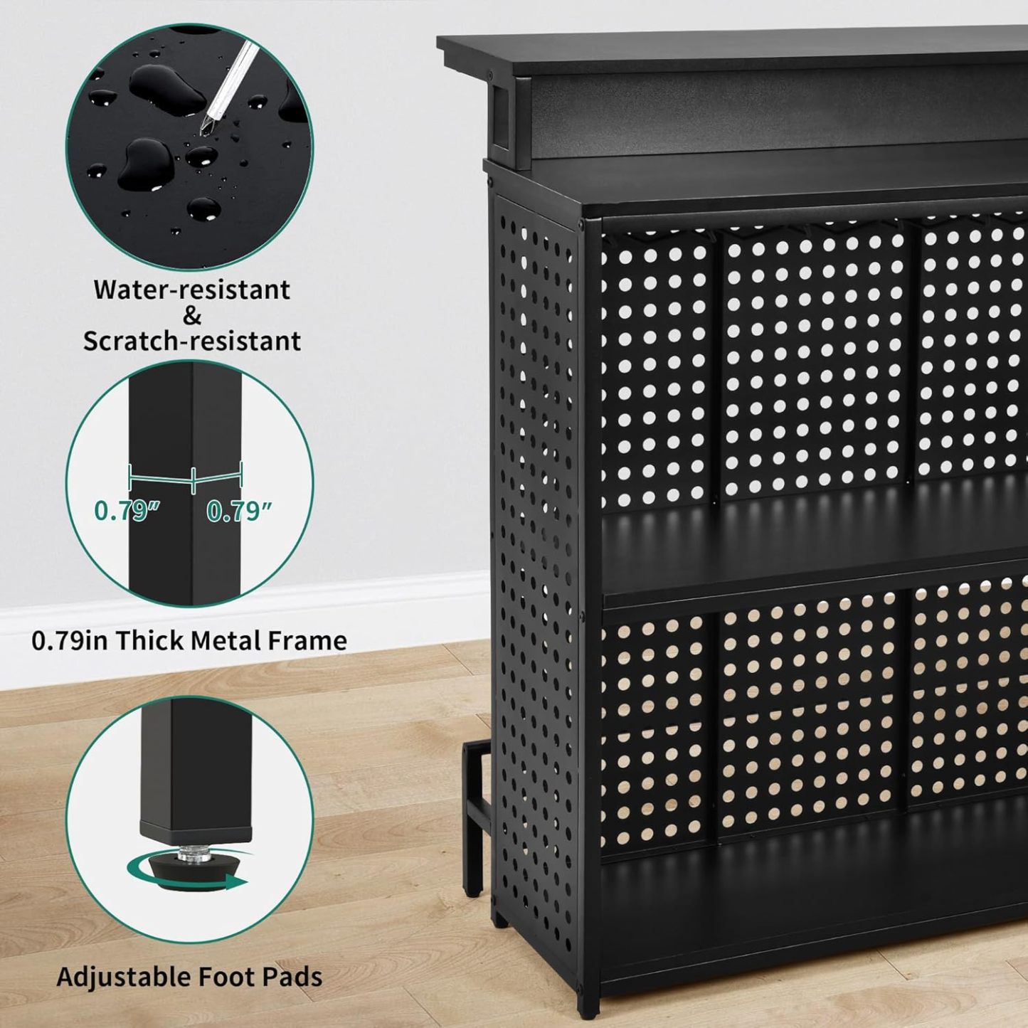 Mini Home Bar Unit with Music Sensing LED Light, Liquor Wine Coffee Stand w Counter Tall Bar Table Top Alcohol Storage Shelf Glasses Rack Footrest for Kitchen Pub Living Room