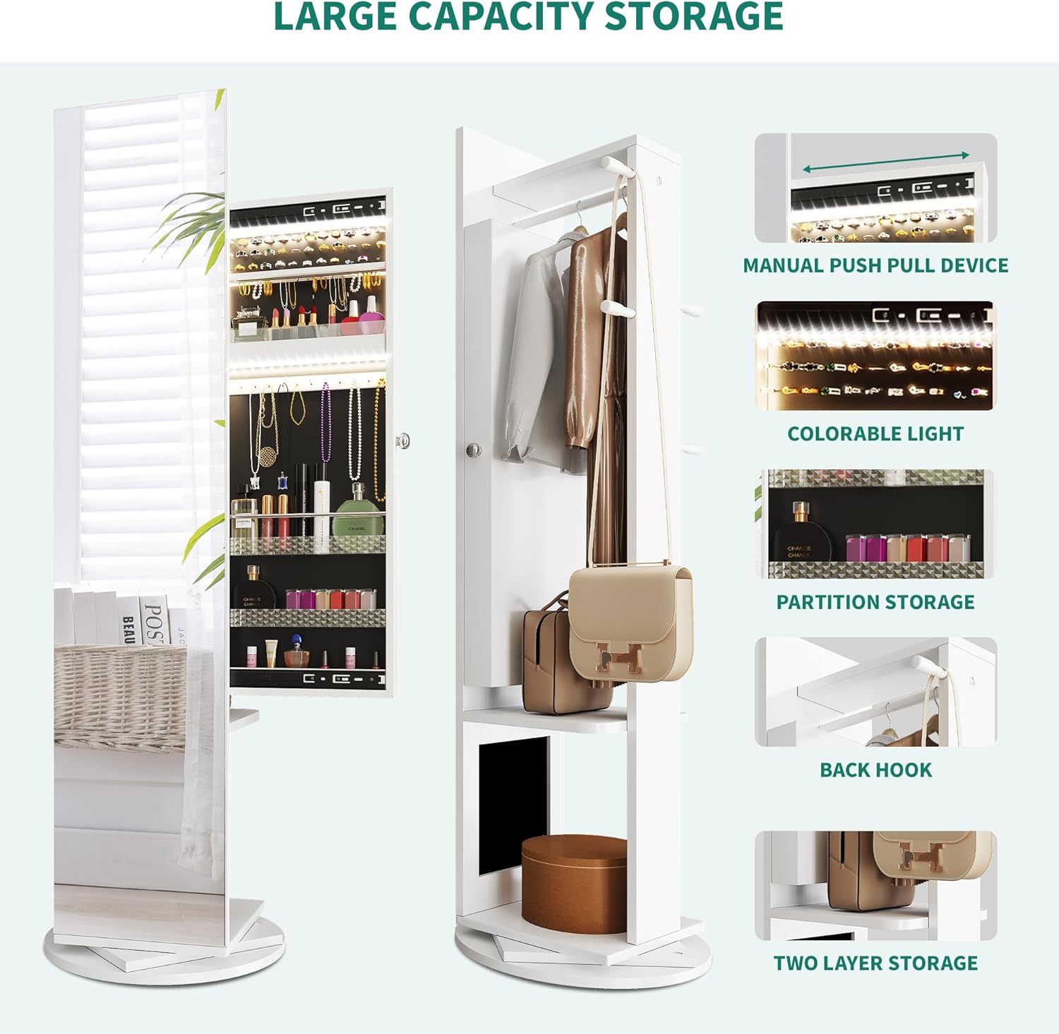 Jewelry Mirror Cabinet with Lights Full Length Mirror Jewelry Armoire LED Jewelry Organizer with 1 Coat Hanger, 4 Hooks, Standing Jewelry Armoires with Storage Shelves