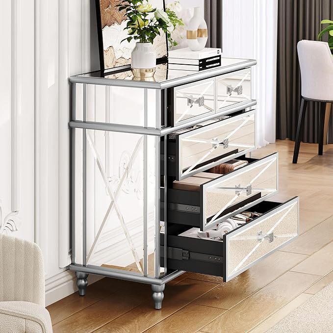 Silver Mirrored 5 Drawer Dressers, 35" Accent Chest with Drawers