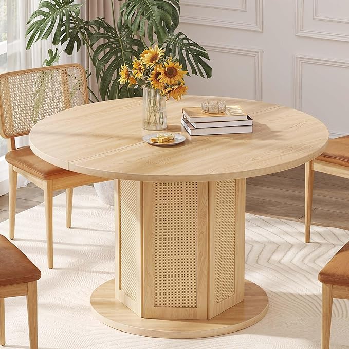 Round Dining Table for 4-6 People, 47 Inch Farmhouse Kitchen Table with Rattan Circular Base