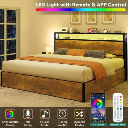 Lift Storage Bed Frame, King Size Bed Frame with 2-Tier Storage Shelf Headboard, LED Light Platform Bed Frame
