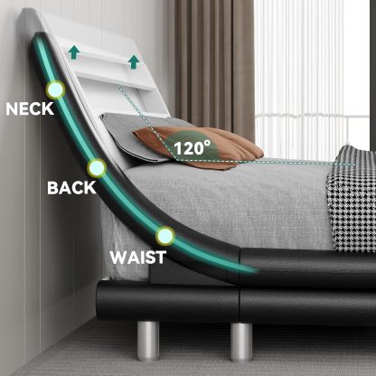 Queen Bed Frame with Ergonomic Headboard,Upholstered Led Bed Frame with Lights and Charging Station