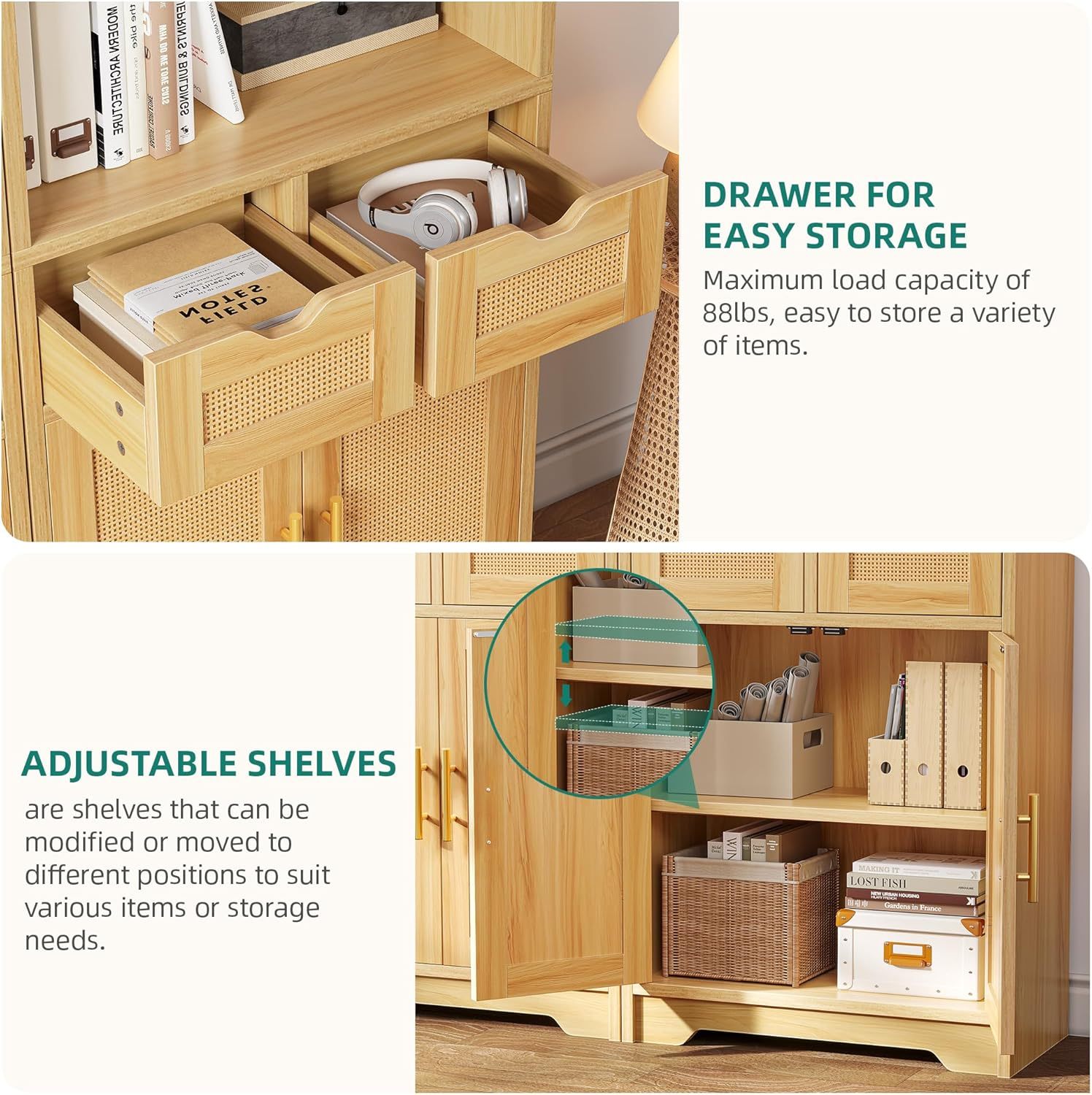 Rattan Bookshelf with Storage, 5 Tier Bookcase with 2 Drawers and Doors, 71" Tall Book Case Rattan Storage Cabinet