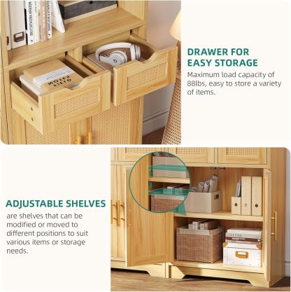 Rattan Bookshelf with Storage, 5 Tier Bookcase with 2 Drawers and Doors, 71" Tall Book Case Rattan Storage Cabinet