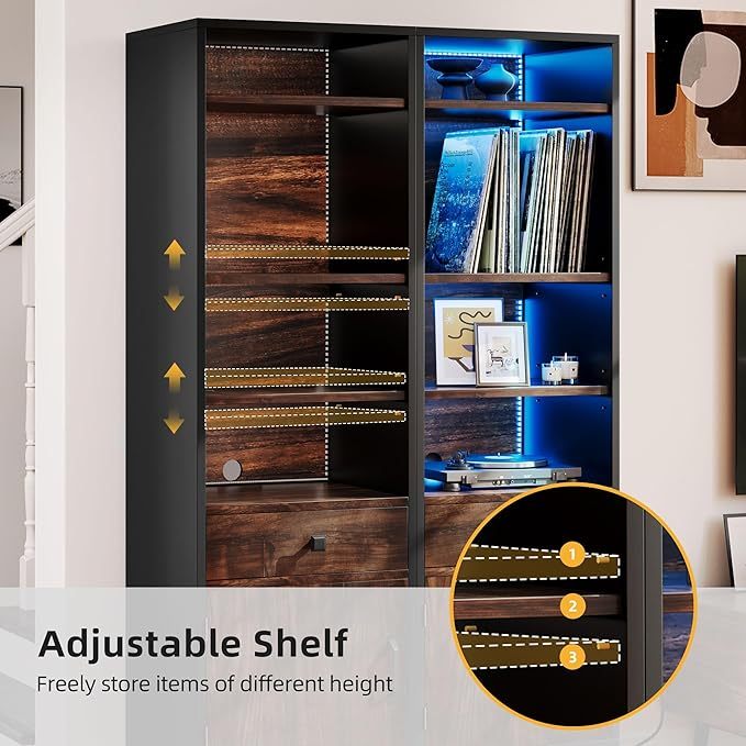 Record Player Stand with Power Outlets & LED Light