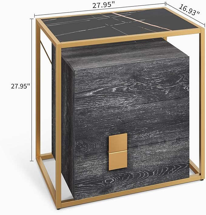 28 Inch Nightstand with 3 Drawers Black Sintered Slate Top Gold Metal Frame Night Stand