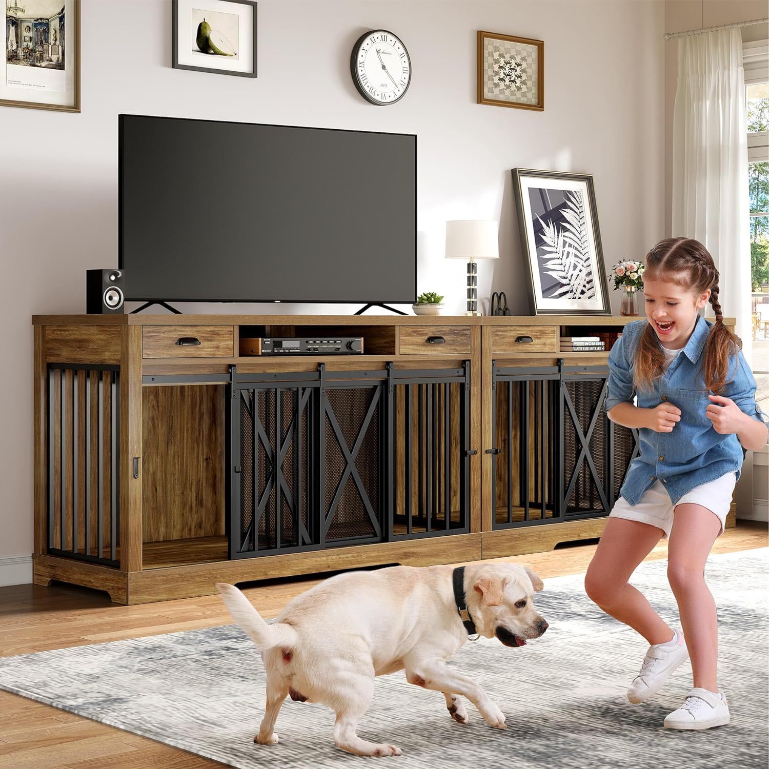 63 Inch Double Dog Crate Furniture for 2 Dogs, Heavy Duty Wooden Dog Crate TV Stand with Charging Station