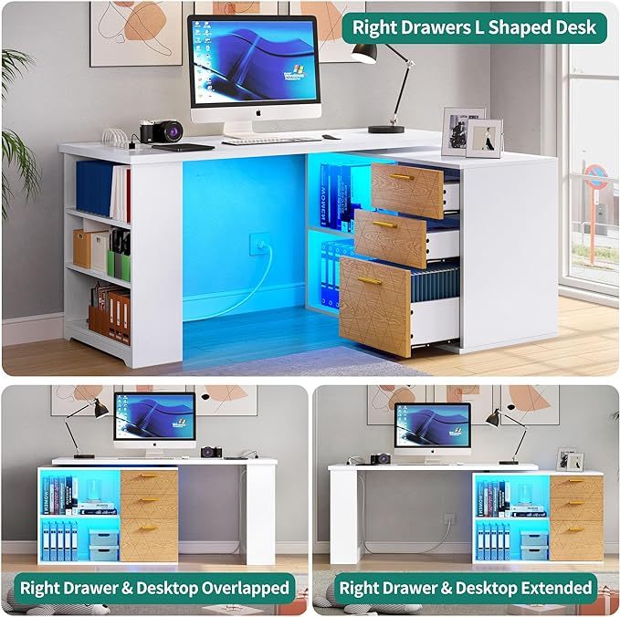 L Shaped Desk with Drawers, 59" Corner Computer Desk with Power Outlets & LED Lights