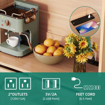 Kitchen Hutch Bakers Rack Cabinet, Coffee Bar Cabinet Kitchen Pantry Microwave Cabinet w/Power Outlet Rattan Storage Cabinet with Drawers and Shelves for Kitchen