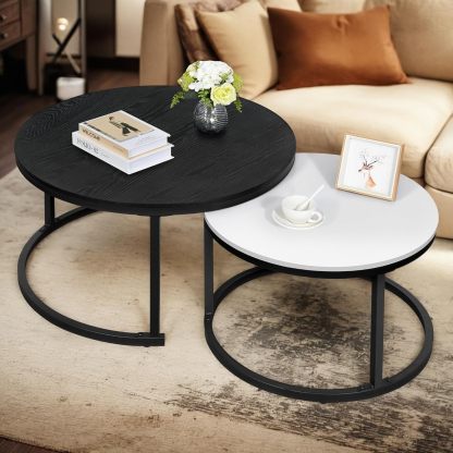 Round Coffee Table Set of 2 End Table for Living Room, Modern Nesting Side Tables Wood Coffee Tables