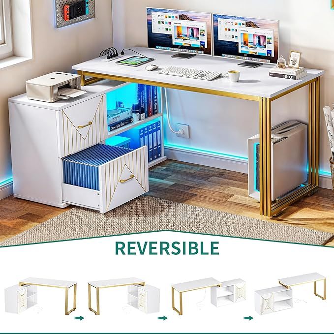 Gold L Shaped Desk with Drawers, 55" Reversible Computer Desk with Power Outlets & LED Lights