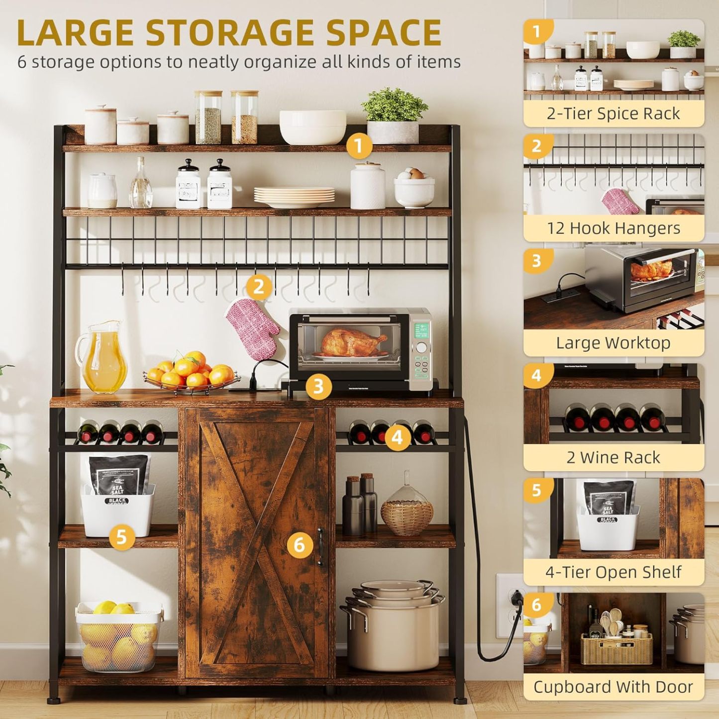 47’’ Large Bakers Rack with Power Outlet & Storage Cabinet, Kitchen Microwave Stand with Drawer