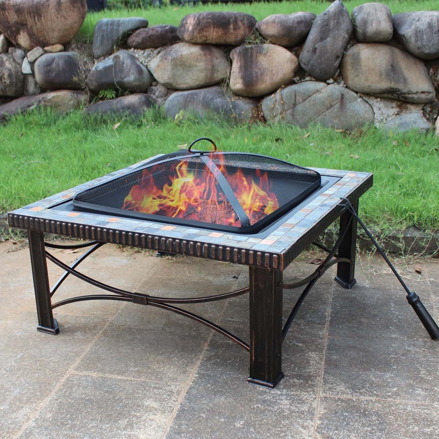 30 inch Fire Pits Table for Outside with Real Slate, Wood Burning Outdoor Fire Pit with Waterproof Cover & Fire Poker& Log Grate& Spark Screen
