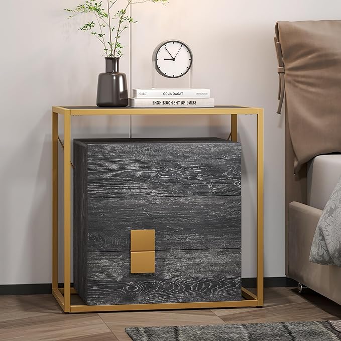 28 Inch Nightstand with 3 Drawers Black Sintered Slate Top Gold Metal Frame Night Stand