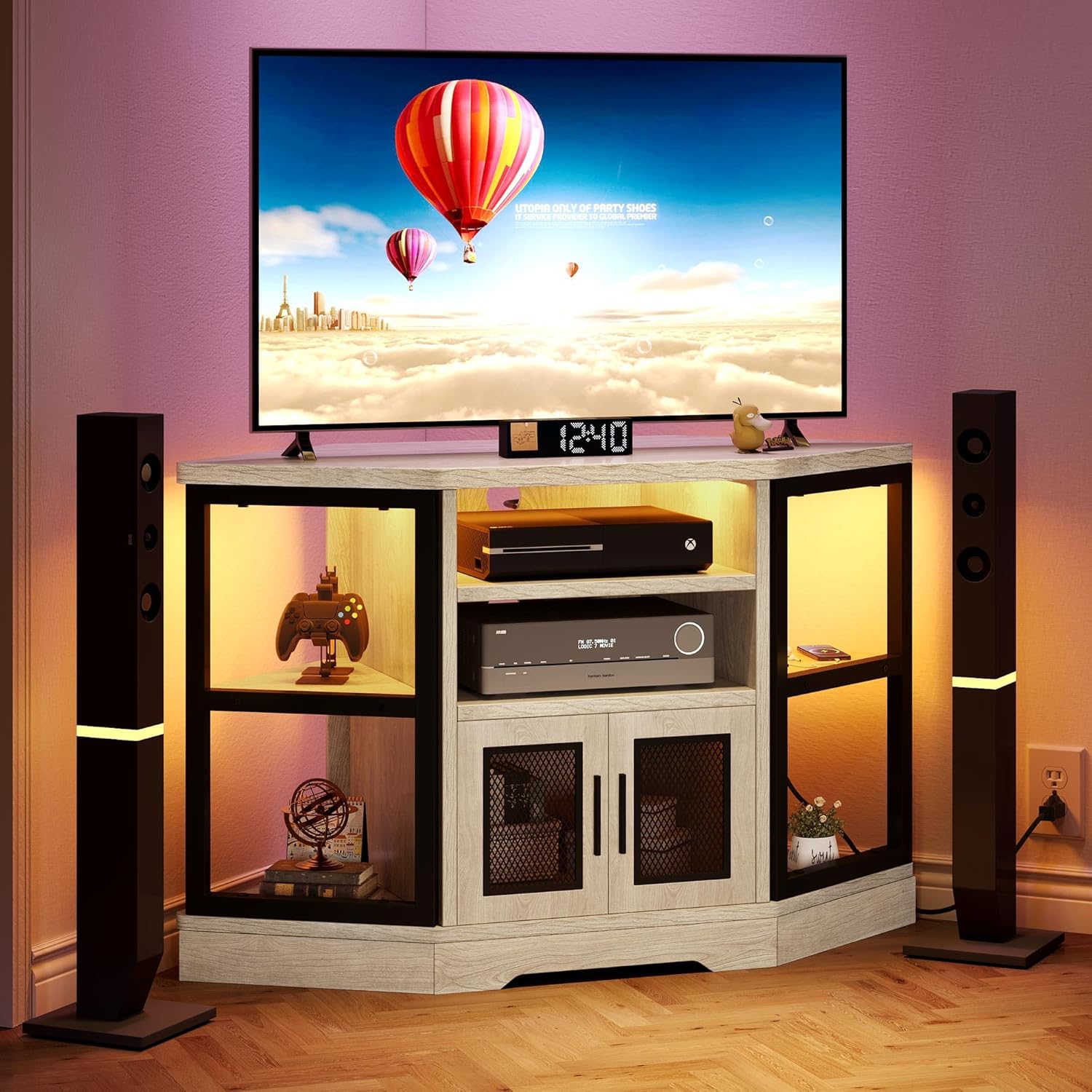 RGB LED Corner TV Stand for TVs up to 55/50 Inch with Power Outlet, Modern Farmhouse Entertainment Center