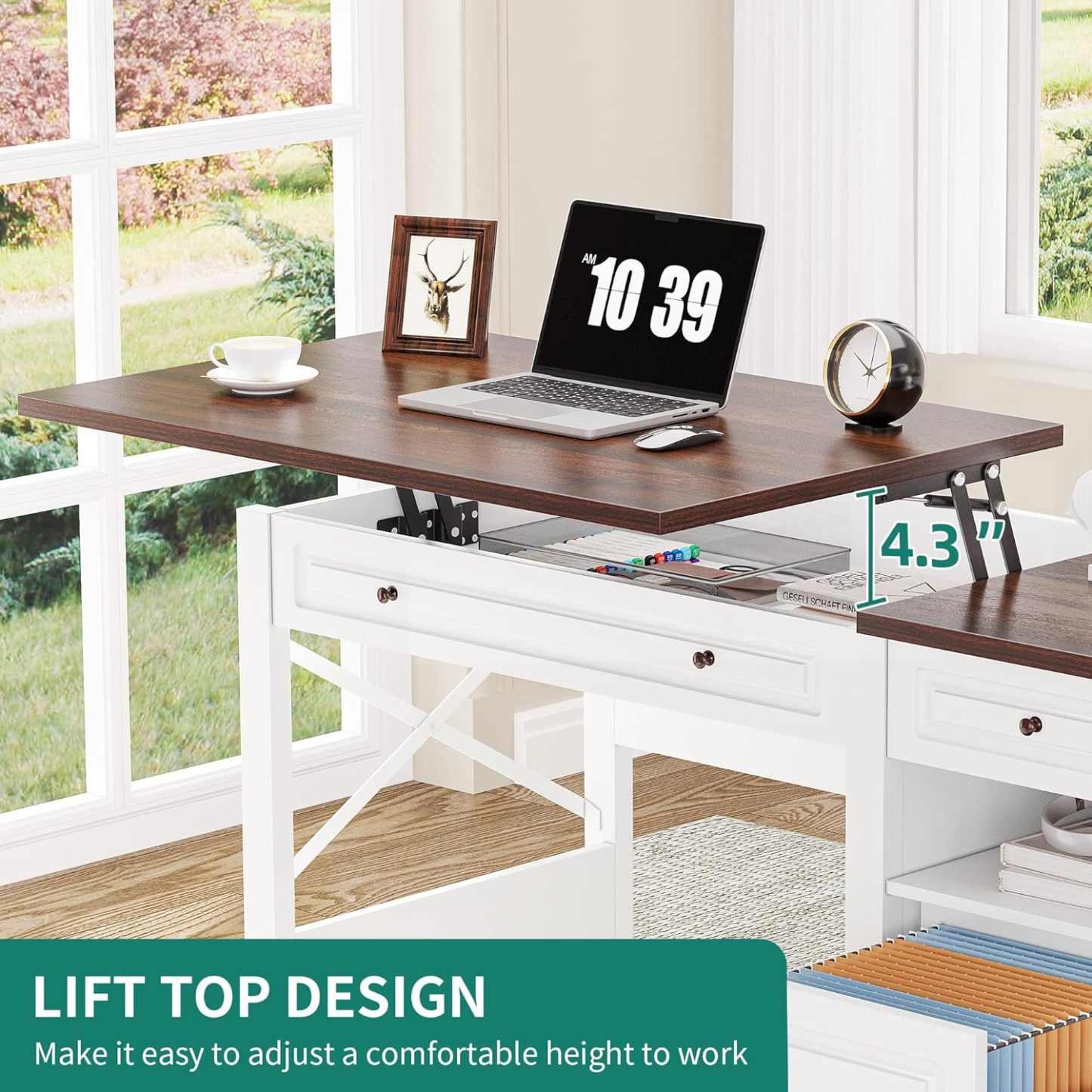 Computer Desk with Drawers, Farmhouse Desk with Lift Top, Office Desk with Power Outlets