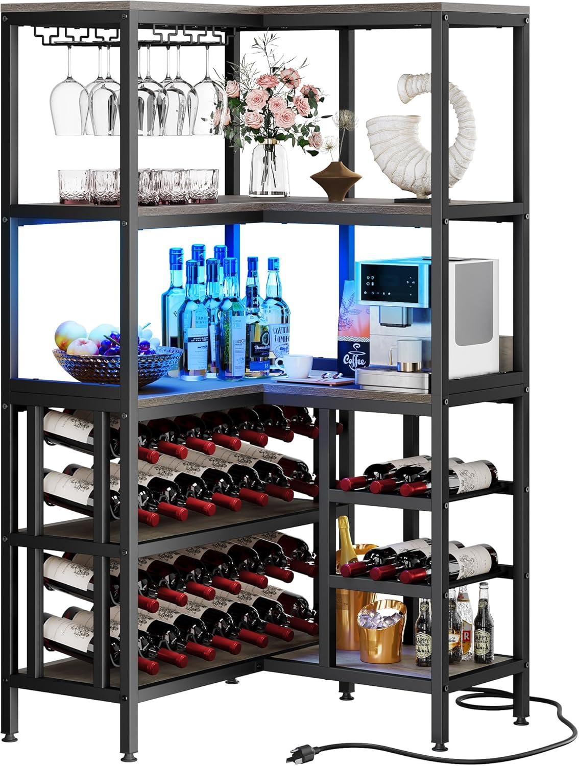 Large Corner Wine Rack, 63'' Corner Bar Cabinet with Power Outlet and LED Light, 5-Tier L Shaped Industrial Liquor Cabinet w/Glass Holder