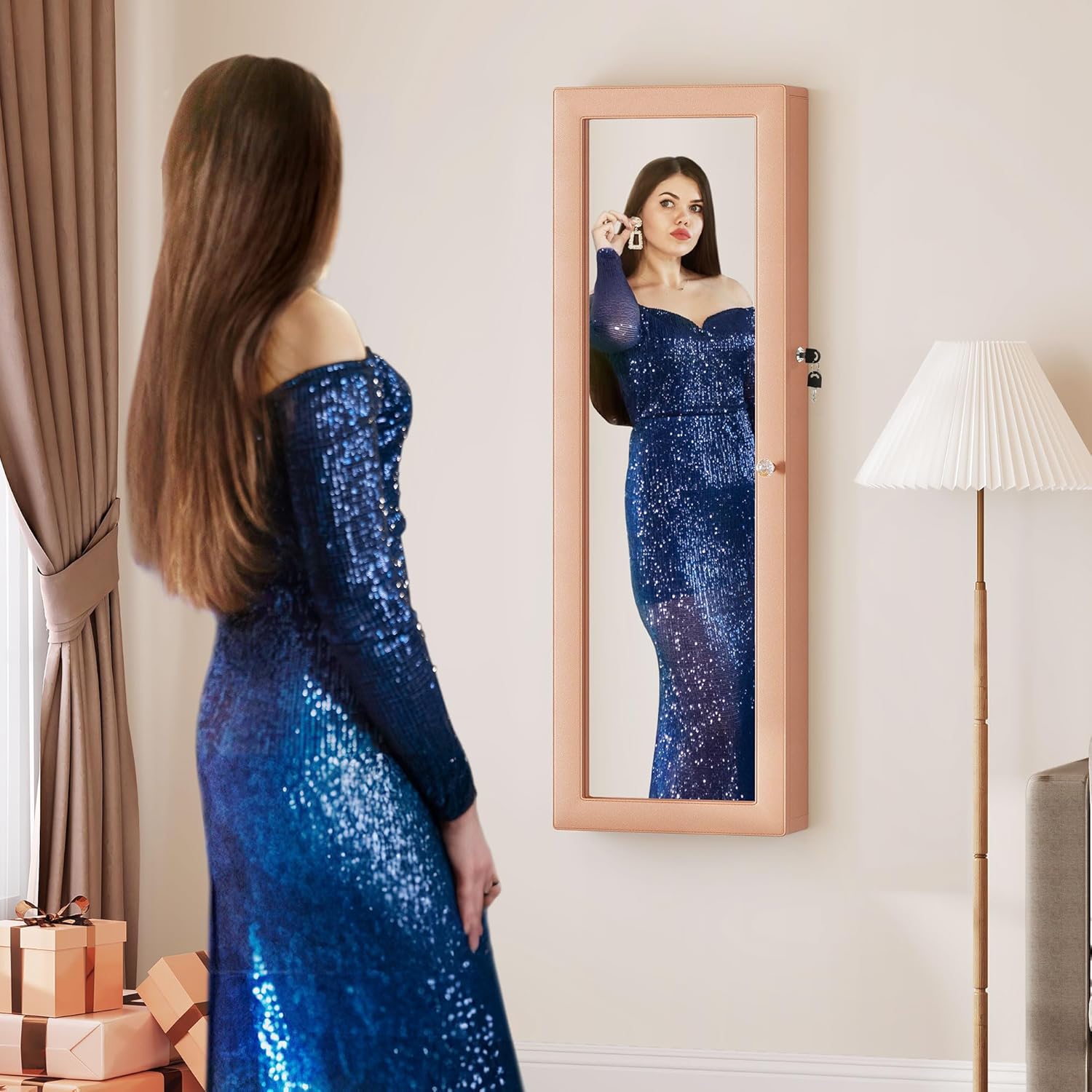 Mirror Jewelry Cabinet Wall Mounted Jewelry Cabinet, Door Hanging LED Jewelry Organizer with Full Length Mirror/Built-in Makeup Mirror/4 Drawers