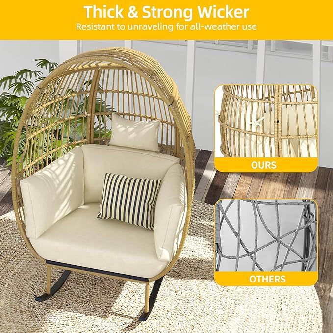 Outdoor Rocking Egg Chair, Patio Rocking Chair Oversized, 370lb Capacity, Anti-Slip