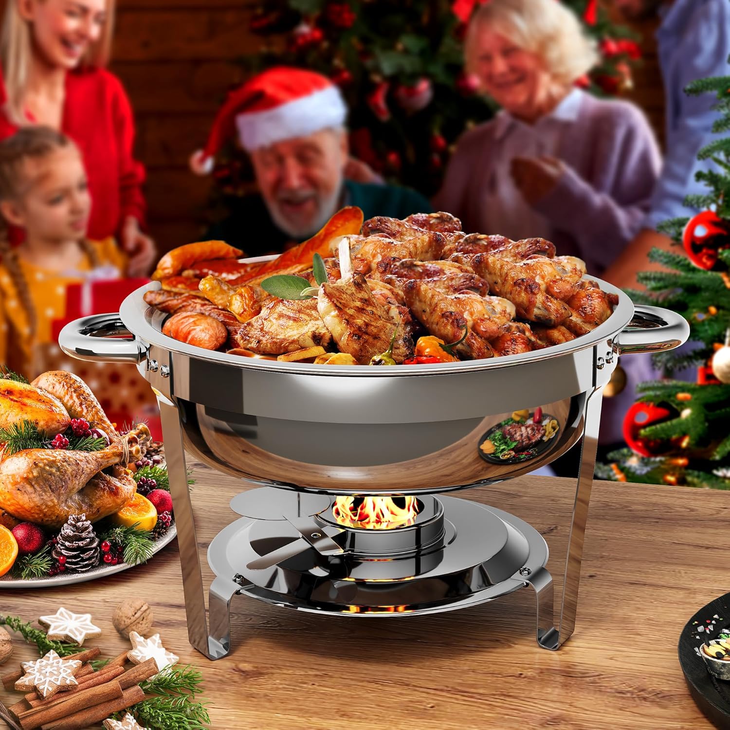 Chafing Dishes for Buffet, 5QT Round Chafing Dishes for Buffet with Lid & Lid Holder, Stainless Steel Chafers and Buffet Warmers Sets