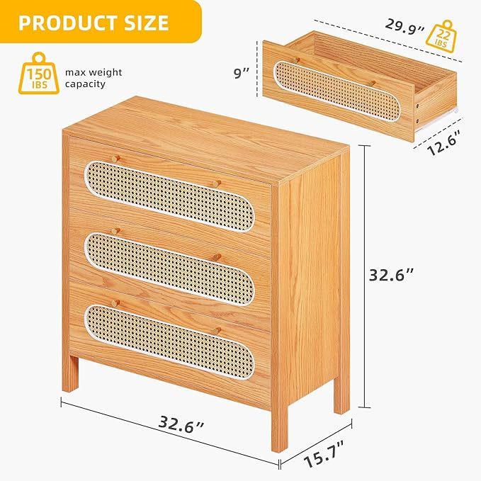 Natural Rattan Wood Drawer Dresser Set of 2 with Spacious Storage