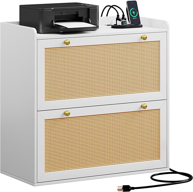 Rattan File Cabinet with Charging Station, Large Lateral Filing Cabinet