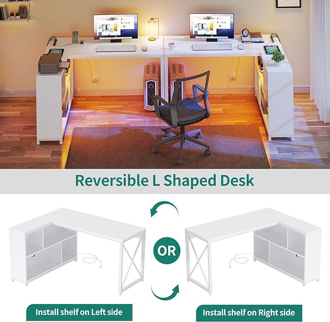 L Shaped Desk with Power Outlets, 55" Reversible Computer Desk with Storage Cabinet & LED Lights