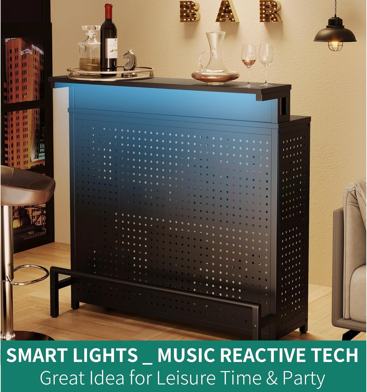 Mini Home Bar Unit with Music Sensing LED Light, Liquor Wine Coffee Stand w Counter Tall Bar Table Top Alcohol Storage Shelf Glasses Rack Footrest for Kitchen Pub Living Room