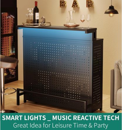 Mini Home Bar Unit with Music Sensing LED Light, Liquor Wine Coffee Stand w Counter Tall Bar Table Top Alcohol Storage Shelf Glasses Rack Footrest for Kitchen Pub Living Room