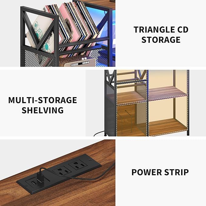 3 Tier Record Player Stand with Power Outlets & LED Light
