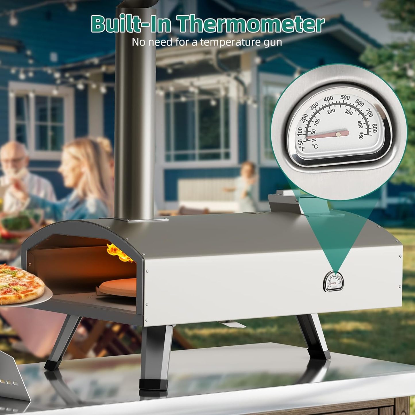 Multi-Fuel Outdoor Pizza Oven with Rotating, 12" Wood and Gas Fired Pizza Oven with Built-in Thermometer