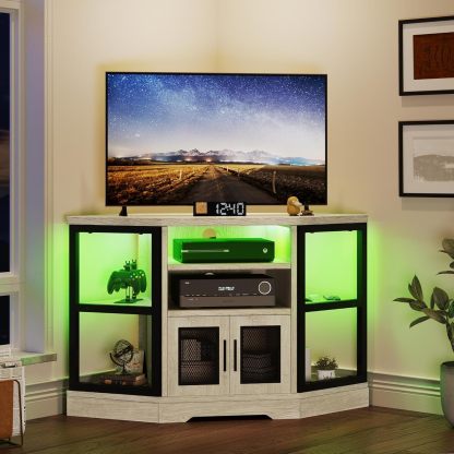 RGB LED Corner TV Stand for TVs up to 55/50 Inch with Power Outlet, Modern Farmhouse Entertainment Center