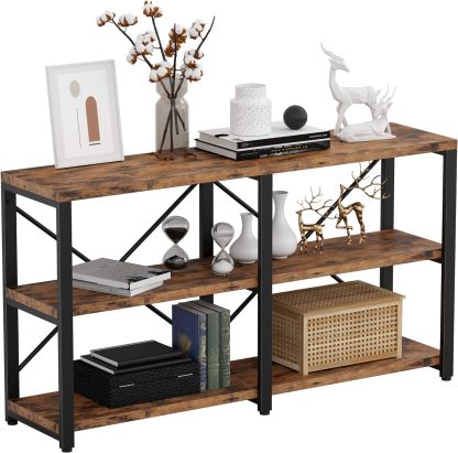 Bookshelf Double Wide 55 in 3 Tier, Industrial Bookcases, Wood and Metal Bookshelves, Book Shelves for Home Office Decor Display