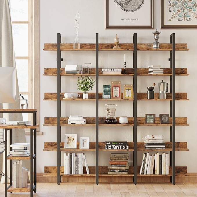Bookcase and Bookshelves Triple Wide 6-Tiers Large Open Shelves, Etagere Bookcases with Back Fence for Home Office Decor, Easy Assembly, Vintage Brown