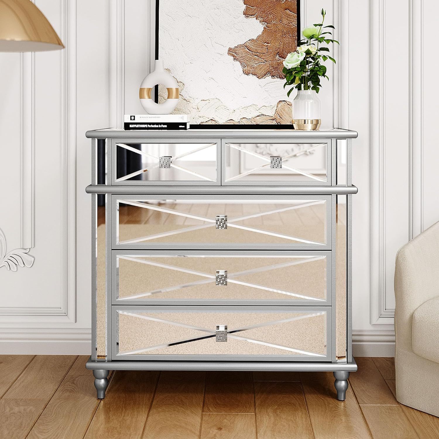 Silver Mirrored 5 Drawer Dressers, 35" Accent Chest with Drawers