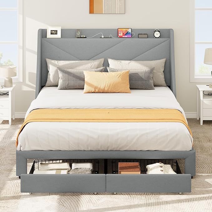 Storage Bed Frame Queen Size, Platform Bed Frame with 2 Drawers and Type-C & USB Port