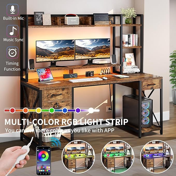 Computer Desk with Drawers & Hutch, 59.1" Office Desk with Power Outlets & LED Lights