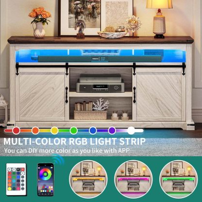 Farmhouse TV Stand 3-Piece Sets, Includes Sliding Barn Door TV Stand and 2Pcs Nightstand, LED Console Table