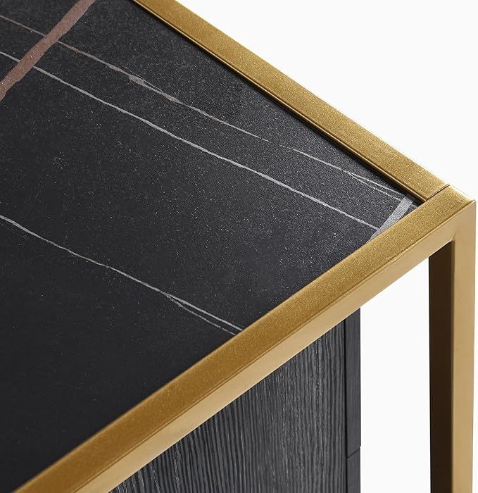 28 Inch Nightstand with 3 Drawers Black Sintered Slate Top Gold Metal Frame Night Stand