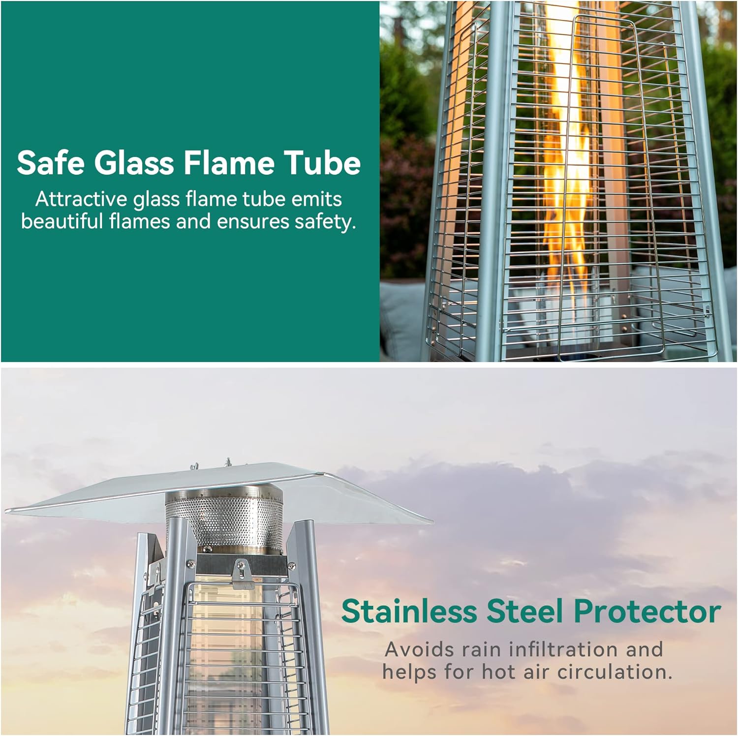 Pyramid Patio Heater, 48,000 BTU Outdoor Patio Heater, Quartz Glass Tube Propane Heater with Cover and Wheels for Patio