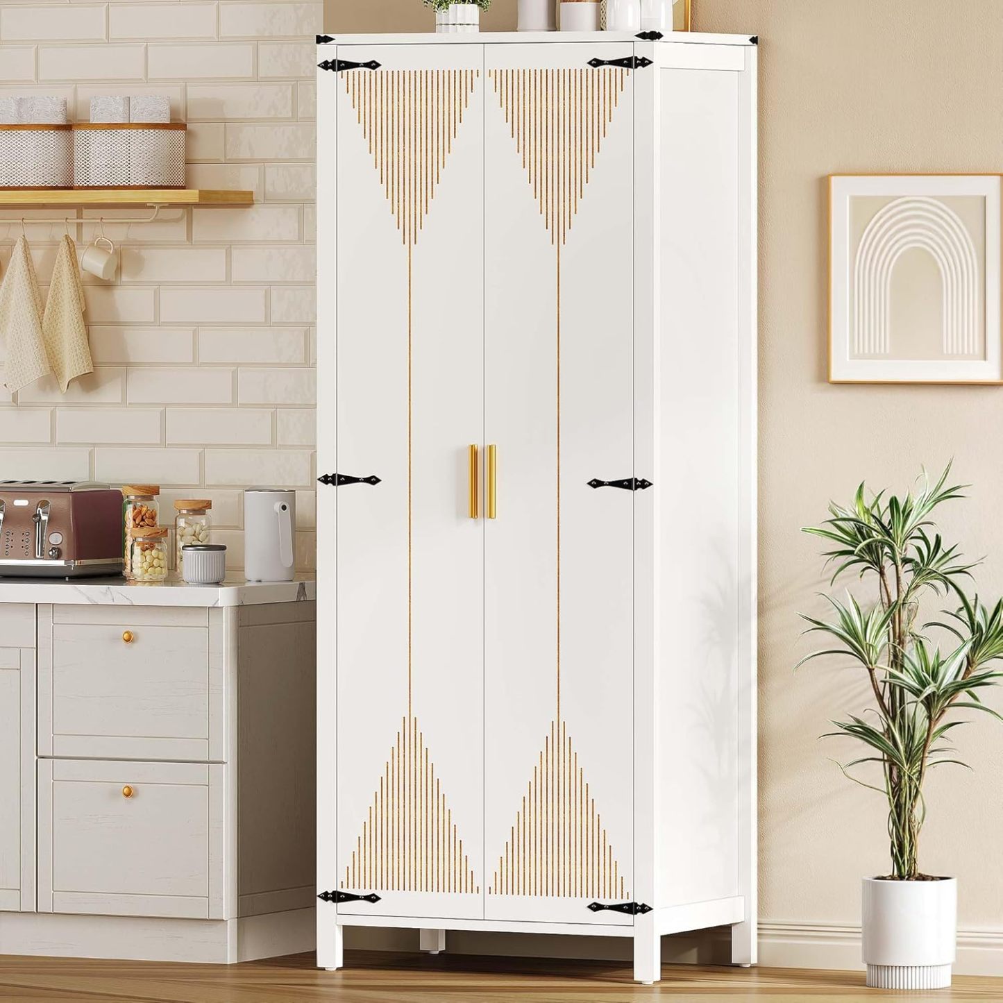 72" Tall Storage Cabinet, Modern Kitchen Pantry Cabinet with Carved Design for Doors ＆ Adjustable Shelves, Freestanding Wooden Storage Cabinet