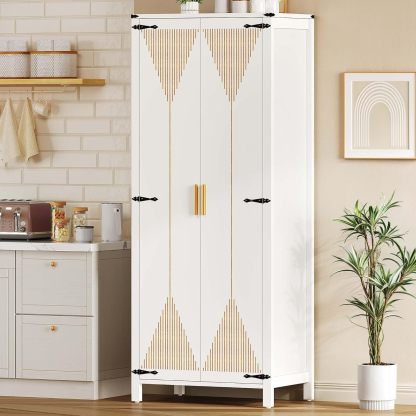 72" Tall Storage Cabinet, Modern Kitchen Pantry Cabinet with Carved Design for Doors ＆ Adjustable Shelves, Freestanding Wooden Storage Cabinet