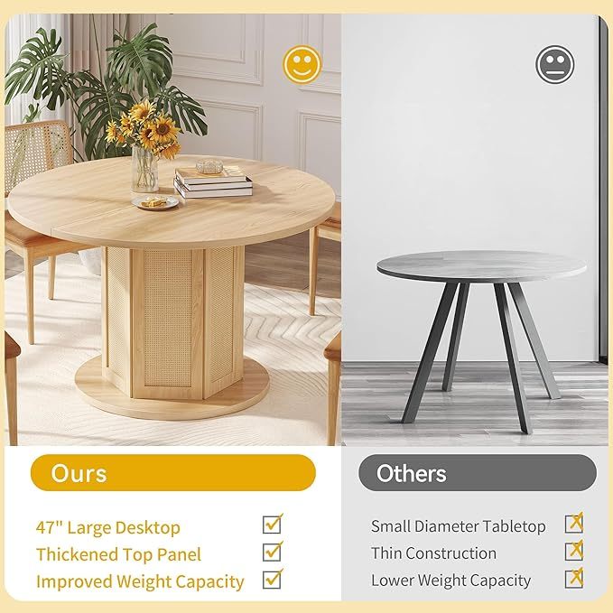 Round Dining Table for 4-6 People, 47 Inch Farmhouse Kitchen Table with Rattan Circular Base