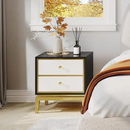 Gold and Black Modern Nightstand with Solid Wood Drawers Storage End Table