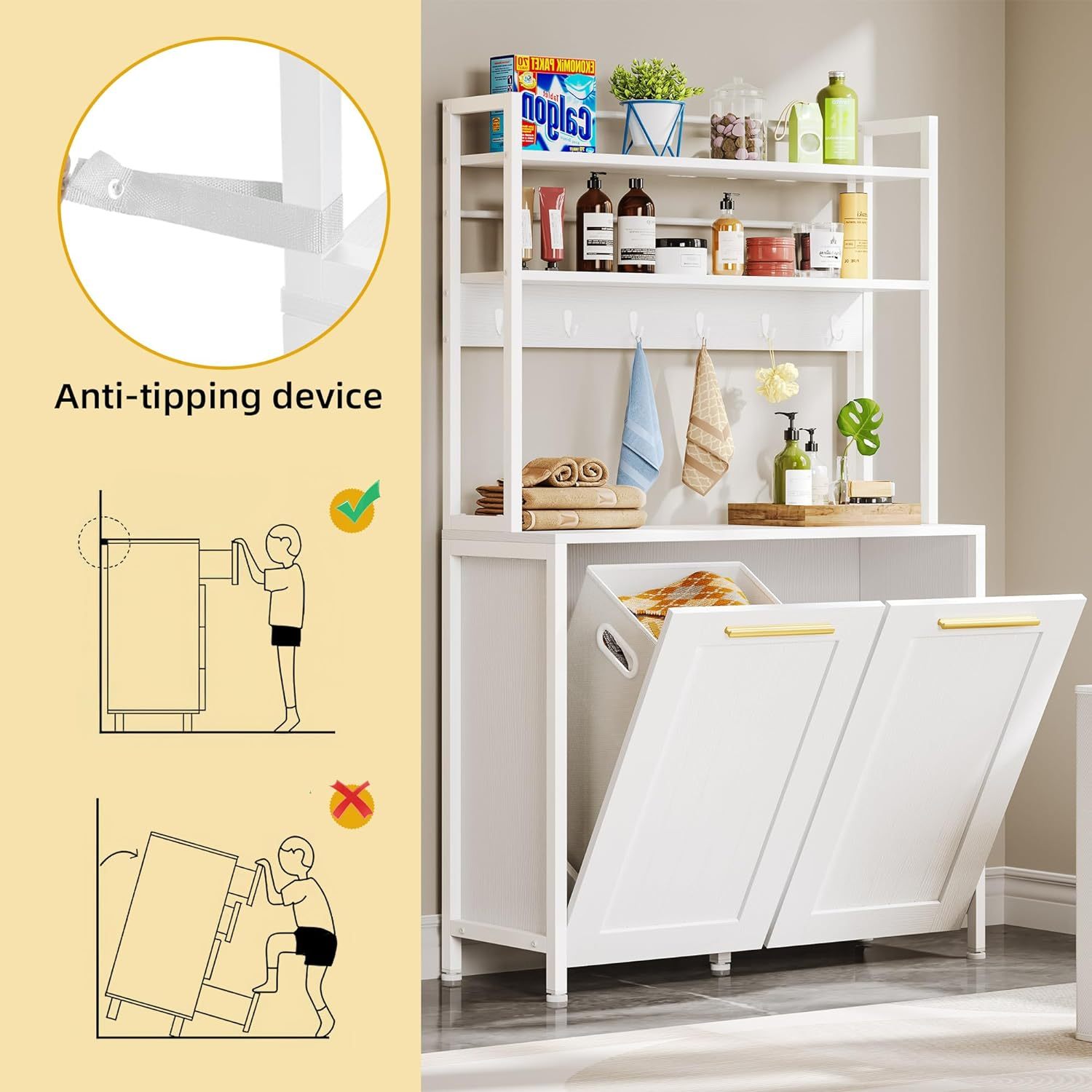 Laundry Hamper with Shelves, 3-Tier Laundry Hamper Cabinet 53" Tilt Out Hamper