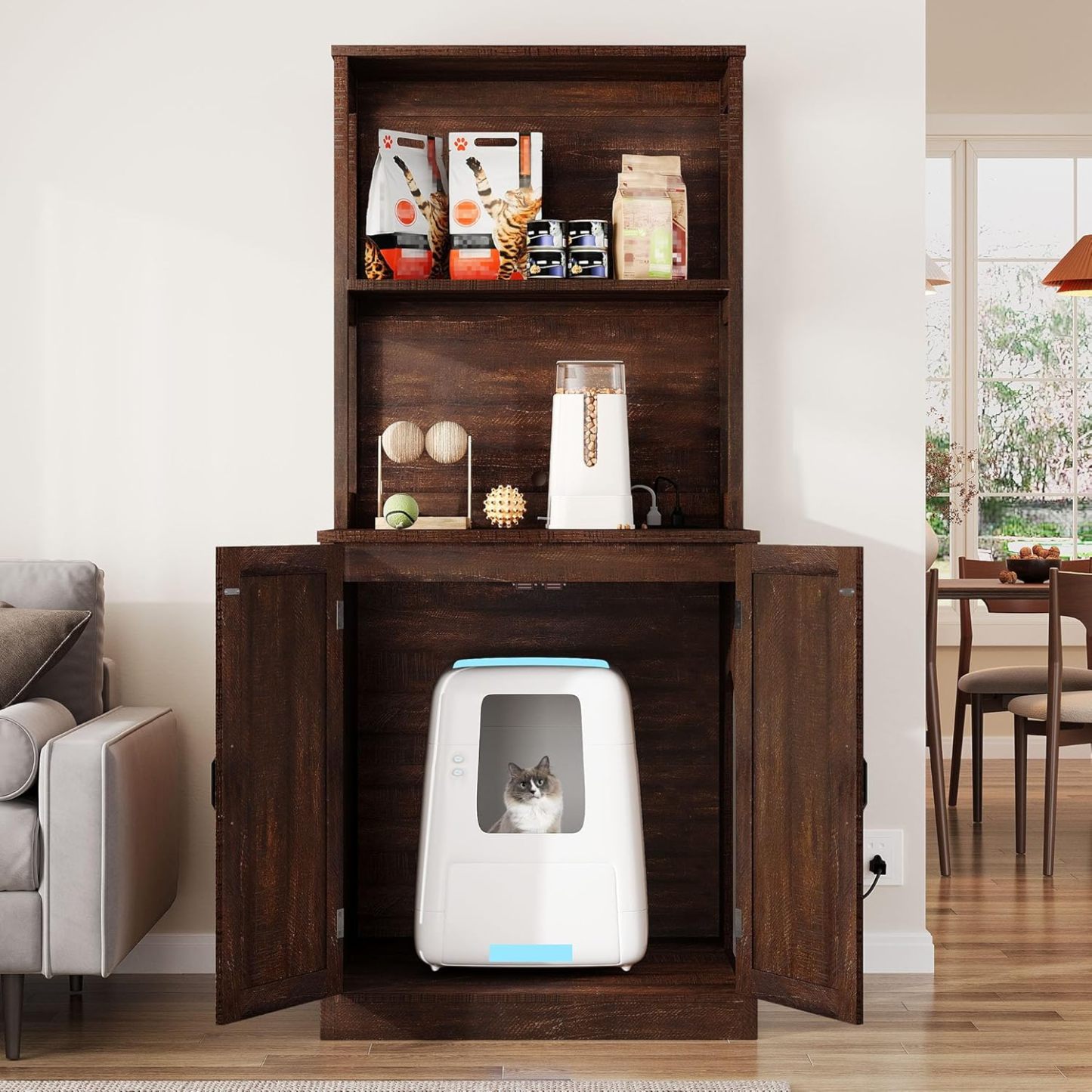 Large Cat Litter Box Furniture with Shelves and Charging Station, Hidden for Self-Cleaning Cat Litter Box Enclosure
