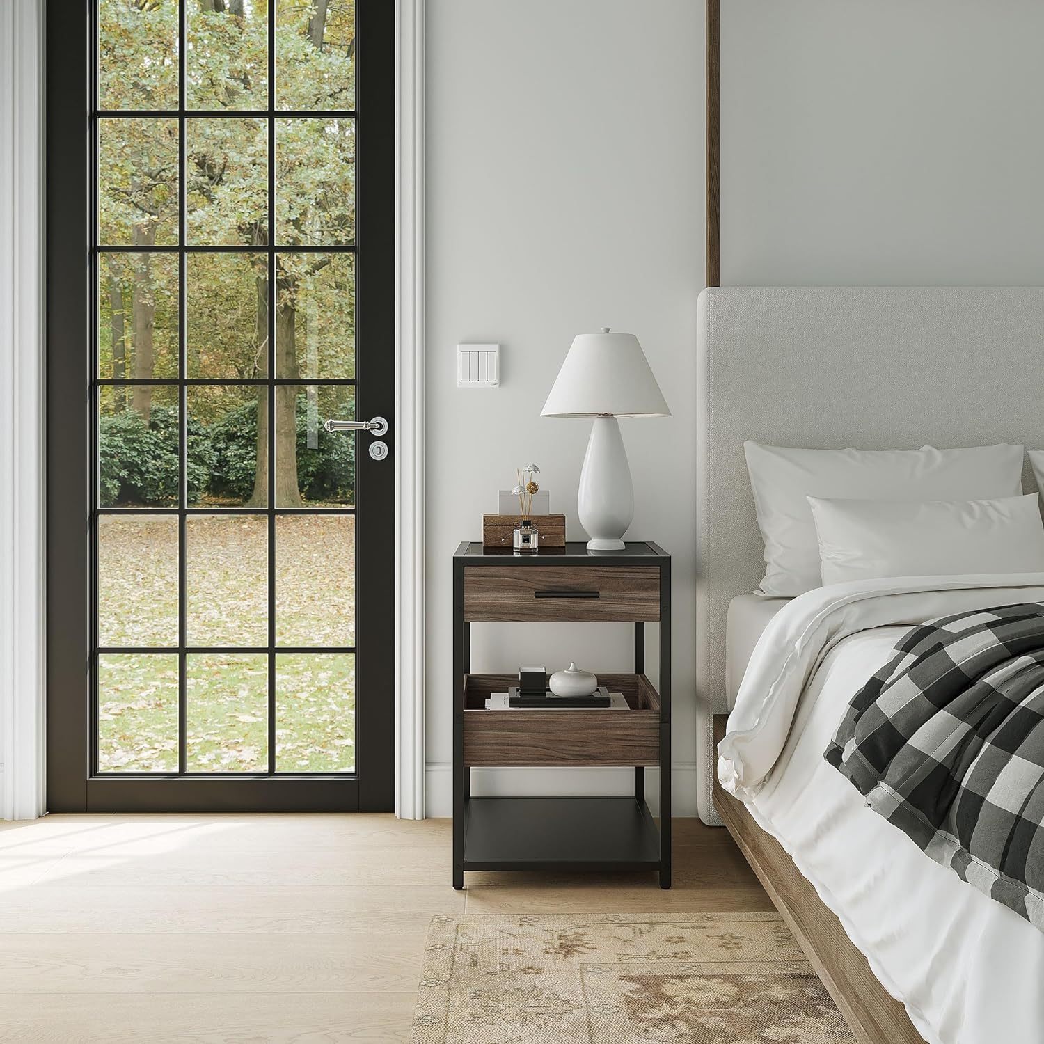 28 Inch Elm Color Nightstand with 1 Drawer 1 Open Storage 3 Shelves Black Metal Nightstand