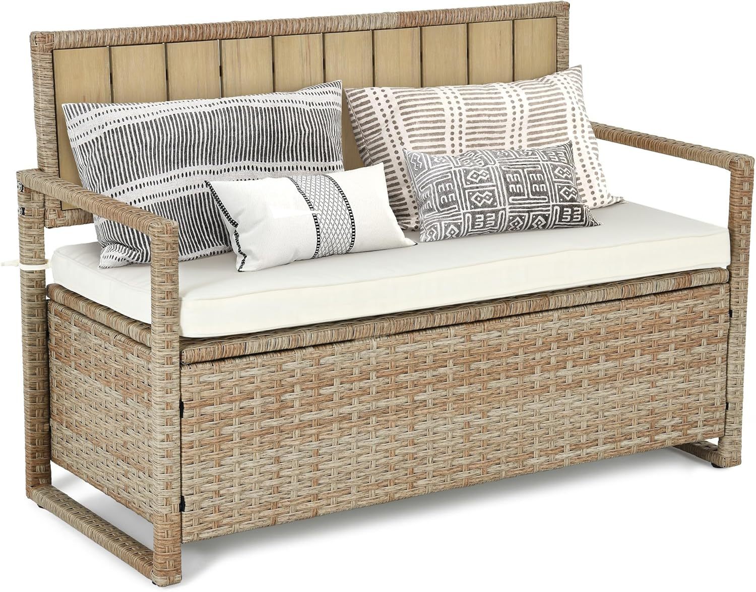 70 Gallon Outdoor Storage Bench, All-Weather PE Rattan Deck Box, Wicker Storage Seat Box
