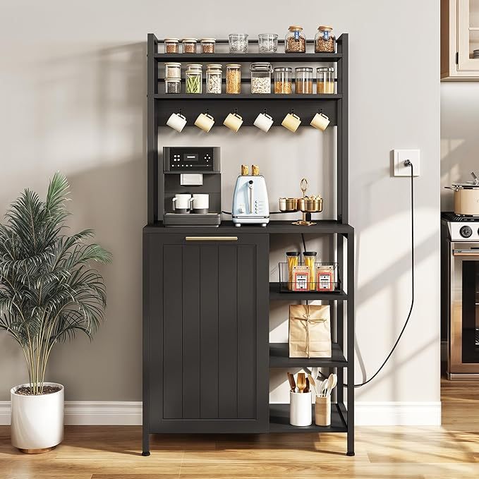 Black Bakers Rack with Trash Can Bin Cabinet and Power Outlet