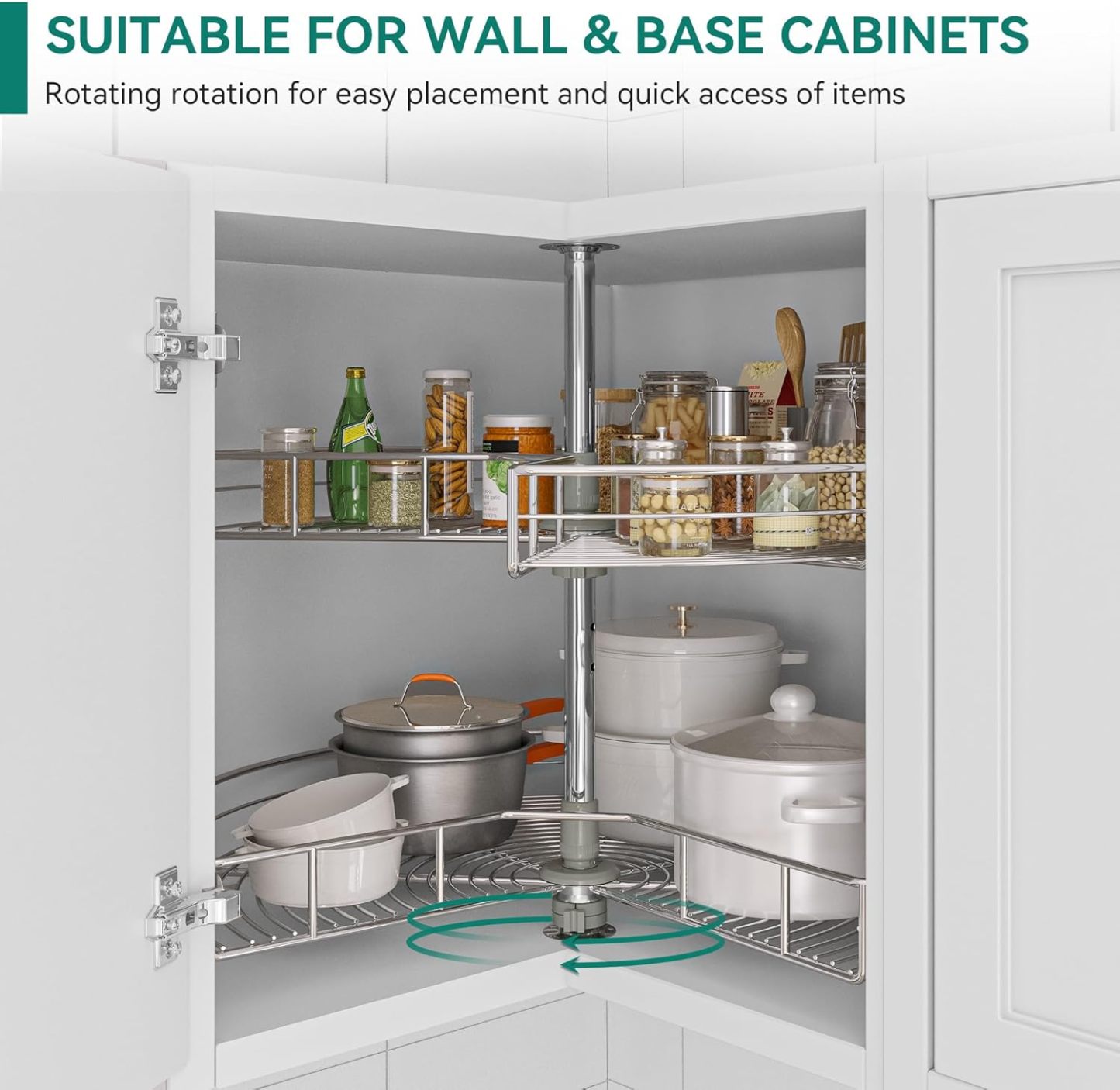 31-Inch Kidney Shaped Chrome Pie Cut 2-Shelf Lazy Susan Corner Organizer for Kitchen Cabinet Blind Corner Storage with Telescoping Mount